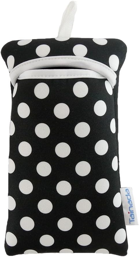 Tainada Shockproof Neoprene Sleeve Carry Bag Pouch (Black White Polka Dots) with Neck Lanyard & Carabiner for iPhone