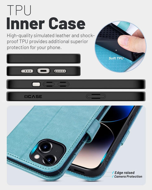 OCASE iPhone 15 Wallet Case, Mint Green PU Leather Folio, RFID Blocking, Card Holders, Shockproof TPU, 6.1" 2023.