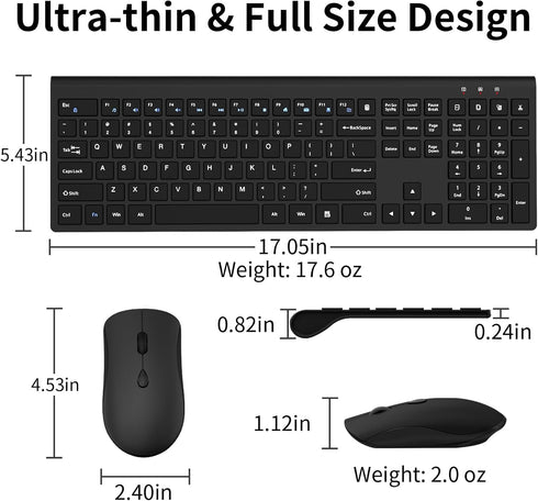 Wireless Keyboard and Mouse Combo, Silent Full-Size Computer Keyboard with Calculator Button, 2400 DPI Mouse, Slim USB