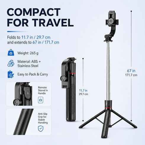 JIUHCORY 67" Detachable Phone Tripod Selfie Stick, Extendable Portable Cell Phone Stable Camera Easy Selfie Tripod