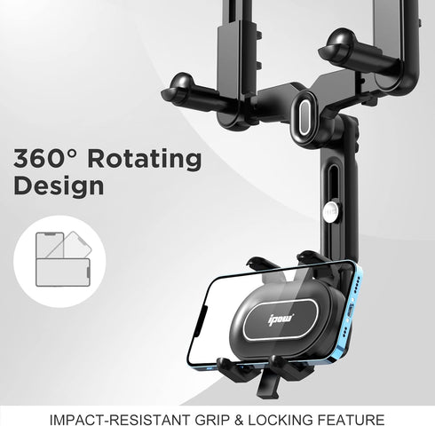 IPOW Large Rearview Mirror Phone Holder for Car, 360° Rotatable and Retractable Design for All Phones and Car Mirrors