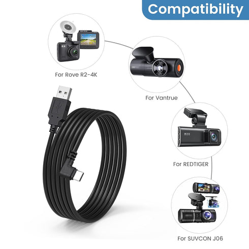 90-Degree 11.5ft weishan USB C Dash Cam Power Cord, USB to USB-C Charging Cable for Dashcam Rear View Mirror Camera