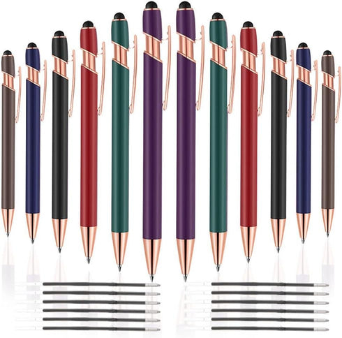 12 PCS 2-in-1 Stylus Retractable Ballpoint Pens, 1.0 mm Black Ink Metal Stylus for Touch Screens, Mixed Color