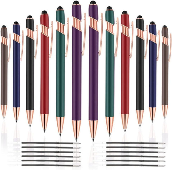 12 PCS 2-in-1 Stylus Retractable Ballpoint Pens, 1.0 mm Black Ink Metal Stylus for Touch Screens, Mixed Color