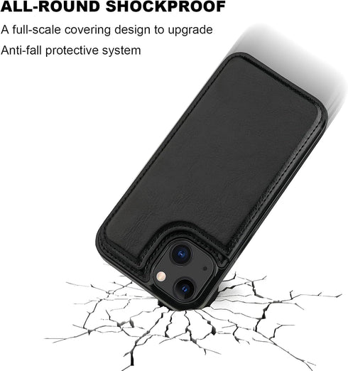 iPhone 13 Wallet Case - Black PU Leather, Card Holder, Kickstand, Double Magnetic Clasp, Shockproof, 6.1 Inch.