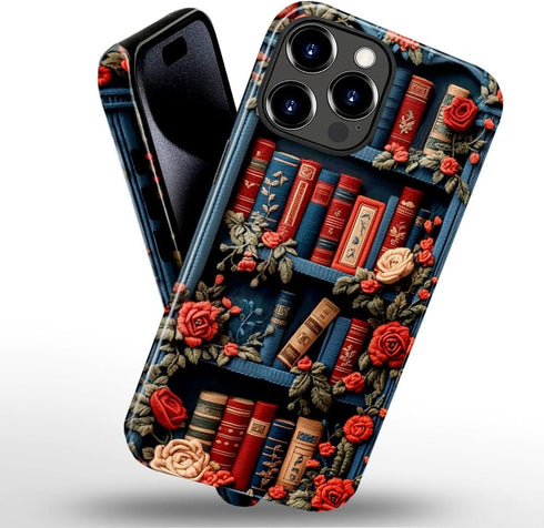 DJSOK 14 Compatible with iPhone Pro Max,Glossy PC Anti-Scratch Shockproof Case - Bookshelf Floral Fabric Library