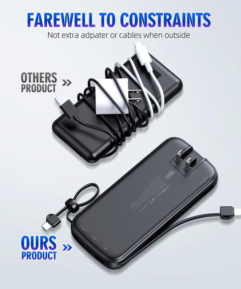 Portable Charger Power Bank 15000mAh, PD30W Fast Charger, Built-in AC Wall Plug and 2 Output Cables with LED Display