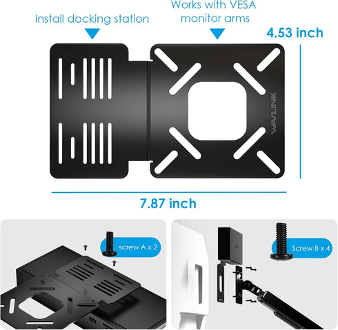 WAVLINK UG69PD8/UG69PD10/UMD01/UMD05, 35x75/75x75/100x100 Docking Station Mount for Workstation, Behind Monitor Vesa