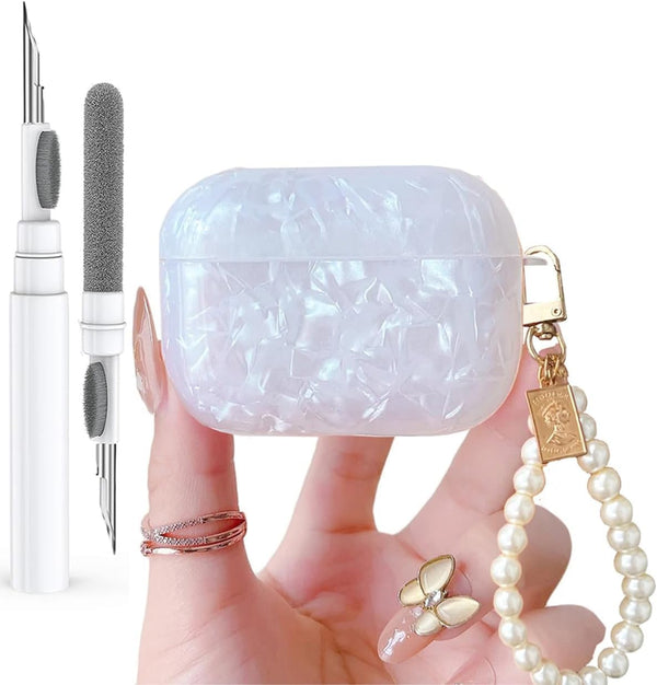Olytop Cute Glitter Airpods Pro 2nd/1st Generation Case with Cleaner Pen, Shell Pattern Cover with Luxury Pearl Keychain