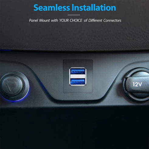 Dual USB3.0 Square Flush Mount - 1M 3ft Extension Mount for Car, Boat, Motorcycle, Dash, Panel