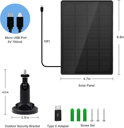 Solar Panel for Outdoor Camera, IP66 Waterproof Charger, Continuous Power Supply for Security Cameras with 10ft Cable