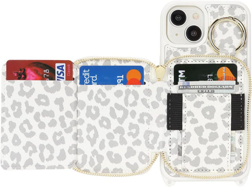 Hamany 13, 5G 6.1 Inch-White Crossbody Wallet Case for iPhone PU Leather Zipper Handbag Purse Flip Cover, Kickstand