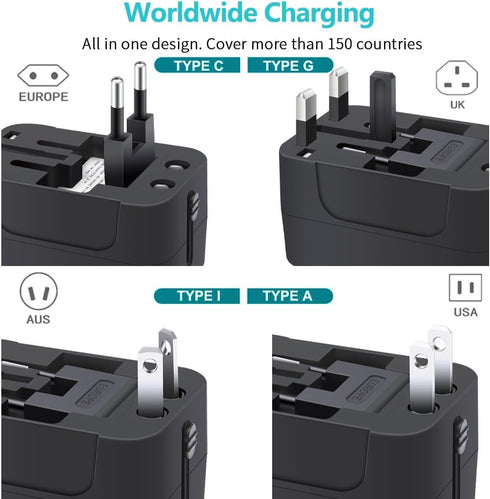 Zinalop PD20W Adapter,1 1 Universal Travel Adapter, International Power Type-C & USB-A Fast Charging Travel Charger