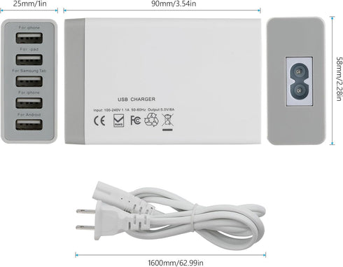 Desktop 5 Port USB Wall Charger 40W 8A, USB Hub Charging Station for Multiple Devices, Portable Multi Port USB Charger