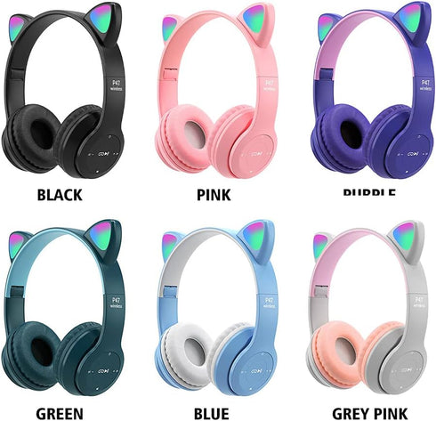 Kids Cat Ear LED Light Up Bluetooth 5.0 Headphones, Foldable Wireless Gaming Headset with Built-in Mic