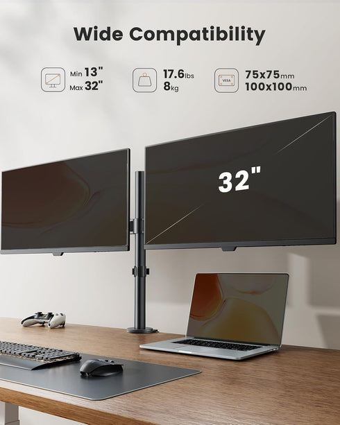 ErGear Dual Monitor Desk Mount, Heavy Duty Adjustable Arm for 2 Screens up to 32 Inches