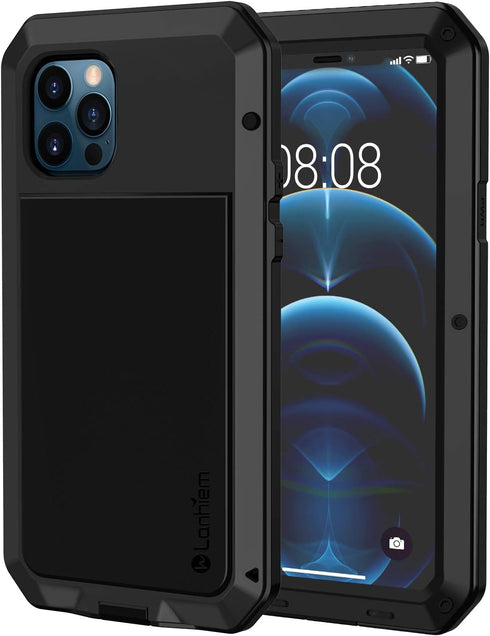 Lanhiem Metal Case for iPhone 12, Heavy Duty Shockproof Rugged Case with Built-in Glass Screen Protector (Black)