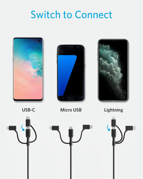 Anker Powerline II 3-in-1 Cable (3ft, Black) for iPhone, iPad, Samsung Galaxy, Huawei, HTC, LG, Sony Xperia, Android.