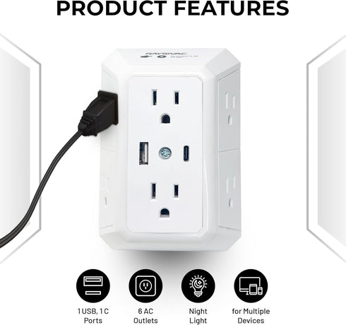 Rayovac Multi Plug Surge Protector with Night Light, 6 Outlets & 2 USB Ports A and USB C 2.4A Total, ETL Certified Adapter for Home, School, or Office