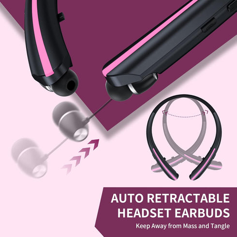 Neckband Bluetooth Headphones, Retractable Earbuds IPX5 Sweatproof, Wireless Bluetooth Headset with Microphone Vibration Call, Stereo Noise Cancelling Earphones for Workout Sports Driving (Balck Pink)