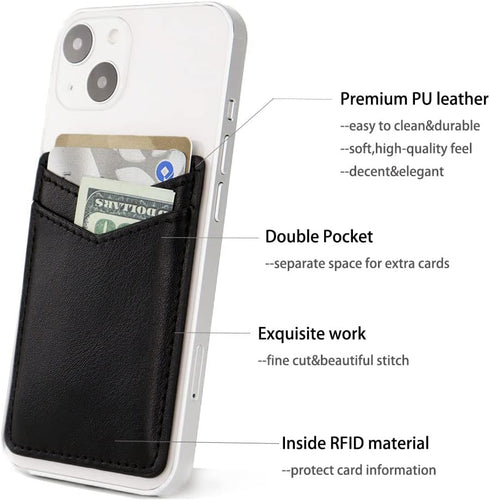 2Pack Leather Phone Wallet, Adhesive Stick On Credit Card Holder for Back of iPhone and Android Phone Case-Black