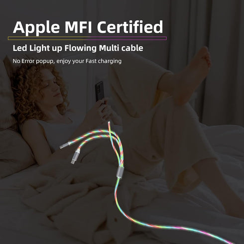 LED Light Up iPhone Flowing Multi Charging Cable, 3-in-1 MFi Certified Lightning Cable with USB-C & Micro USB, 4FT