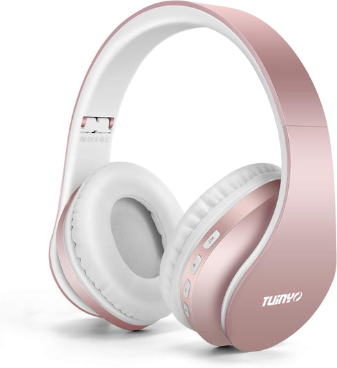 TUINYO Wireless Headphones Over Ear, Bluetooth Headphones with Microphone, Foldable Stereo Wireless Headset in Rose Gold