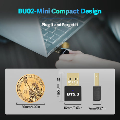 Latest Bluetooth 5.3 USB Adapter for PC, Wireless Transmitter Dongle for Windows 11/10/8.1/7, Plug & Play
