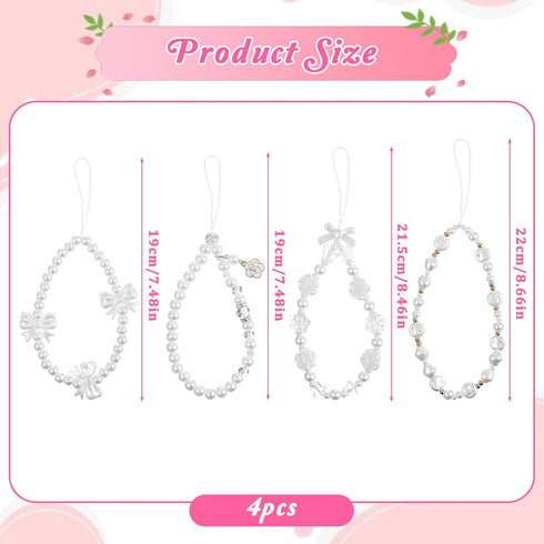 JJUNW 4 Pcs Beaded Phone Bracelet Strap, Cute Phone Charms Camera Charm Strap Pearl Beaded Butterfly Bow Flower Cute