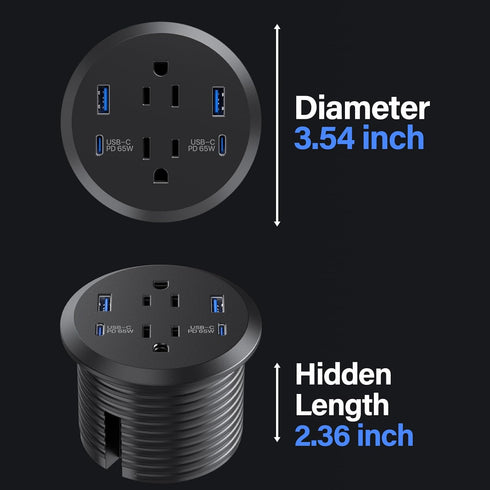 Jgstkcity Grommet, 65W 3inch Hole,2 Outlets,4 Countertop 65W Desktop Power USB C Fast Charging Port, Flush Mount