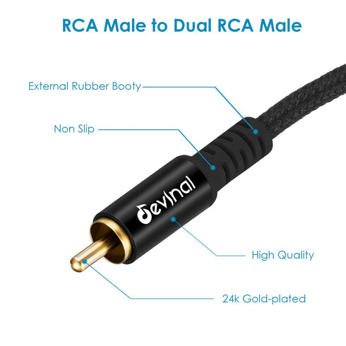 1 2 10Feet/3M Devinal RCA Y Cable, RCA/Phono Y Splitter, RCA Male to Male Y Adapter, Male/Male Subwoofer Cable Gold