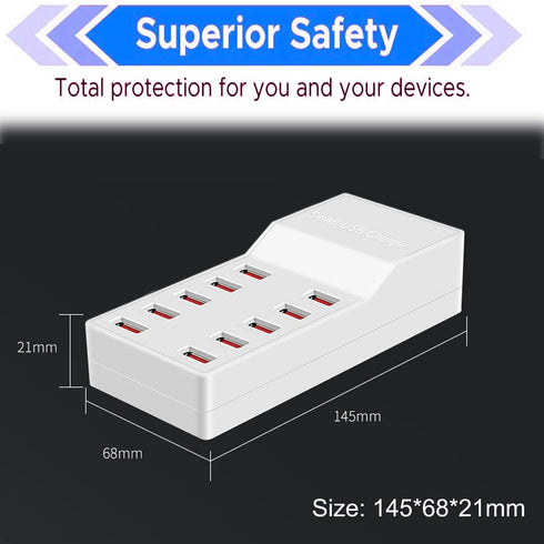USB Charger Station, 10-Port 50W/10A Multiple USB Charging Station for Smartphones, Tablets, and Other USB Devices