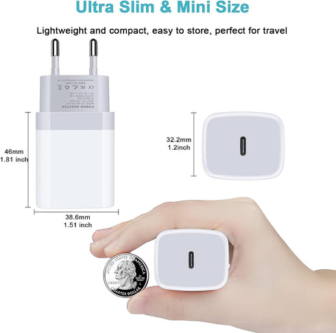 USB C Adapter, European Plug Adapter, 2-Pack Fast 20W Europe Travel Plug Power Adapter, Type C Wall Chargers for iPhone