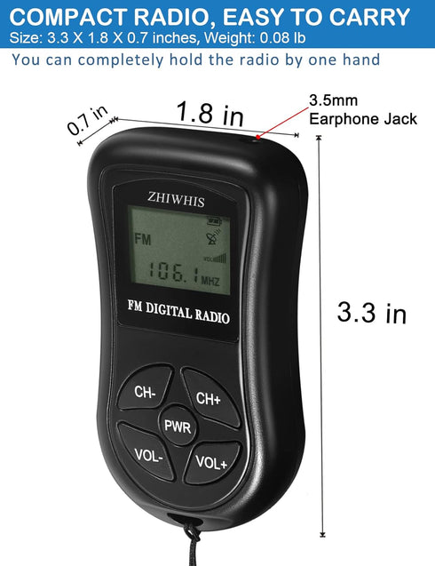 ZHIWHIS Mini Portable FM Radio, Stereo LCD Digital Display Pocket Walkmen Receiver with Earphone, AAA Battery Operated