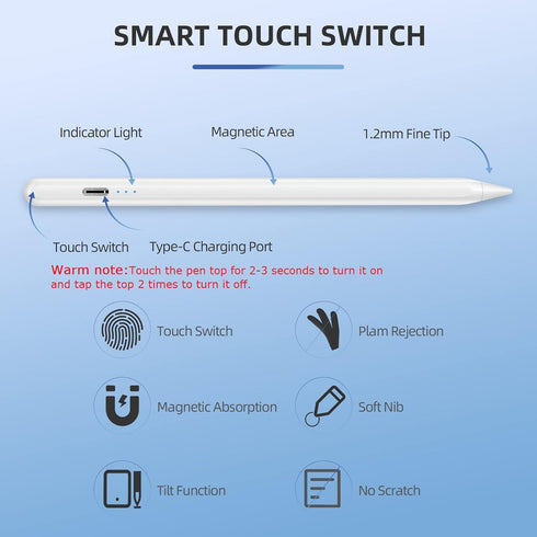 Stylus Pen with Palm Rejection, Tilt Sensitive Pencil for Apple iPad 10th/9th/8th/7th/6th, Pro 11/12.9, Air 5/4/3, Mini