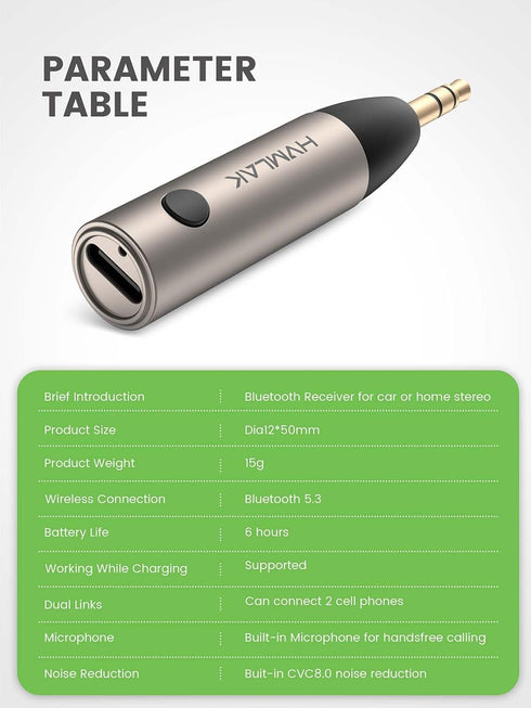 5.3 Aux Bluetooth Adapter for Car, 3.5mm Jack Wireless Audio Receiver for Home Stereo Speakers, USB-C Charging Port.