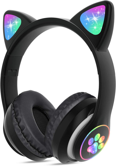 Wireless Cat Ear LED Light Up Bluetooth Headphones, Foldable Over Ear with Microphone for Learning