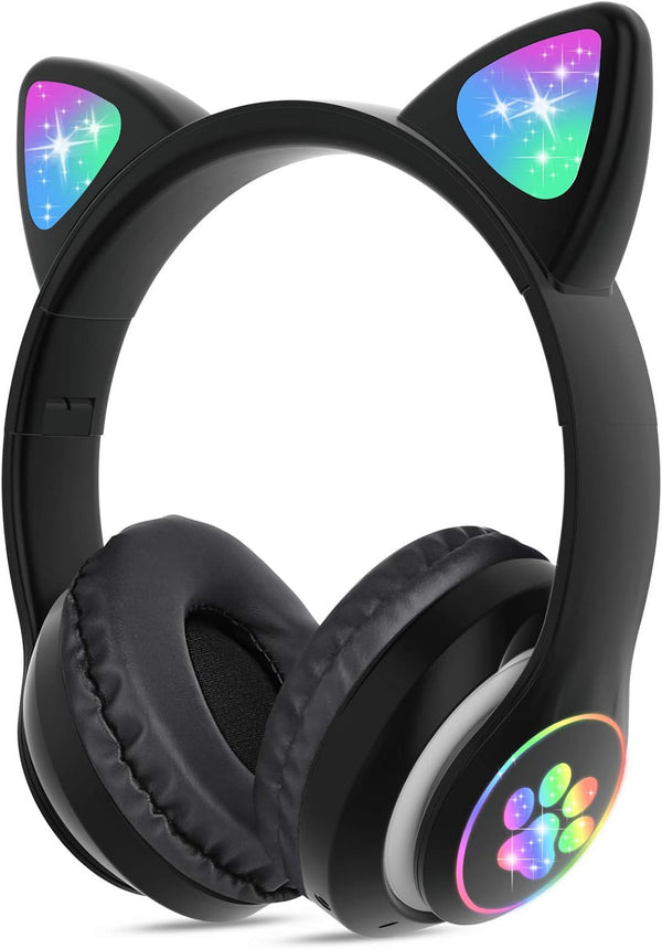 Wireless Cat Ear LED Light Up Bluetooth Headphones, Foldable Over Ear with Microphone for Learning