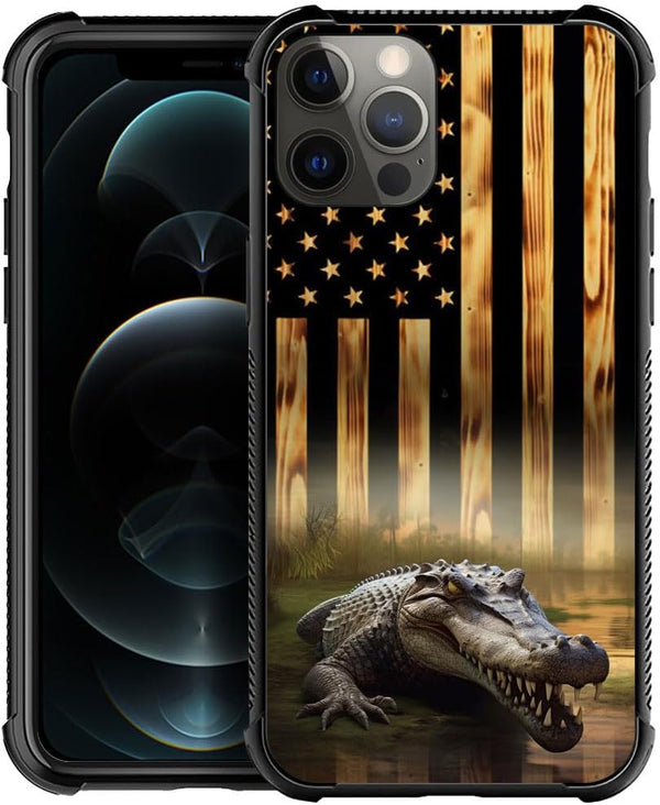 TnXee iPhone 12 Pro Max Case, Wood Grain American Flag Alligator Pattern, Shockproof & Anti-Scratch for Men & Women.