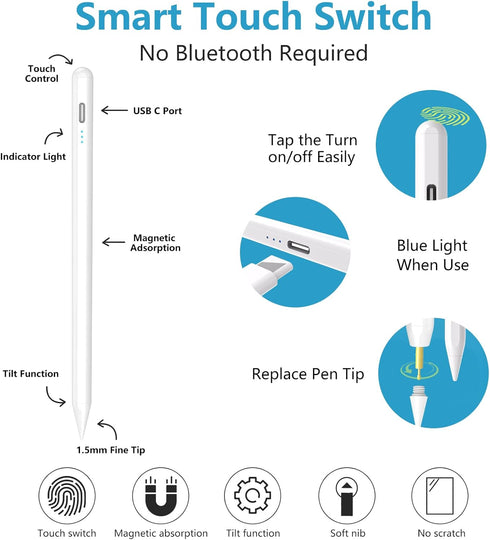 Apple Pencil for iPad 10th Generation, Stylus Pen for iPad (9/8/7/6) with Palm Rejection, High Sensitivity & Tips