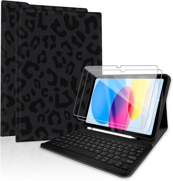 TopPerfekt Bluetooth Keyboard Case for iPad 10th Gen 10.9-inch (2022) with Screen Protector, Black Leopard