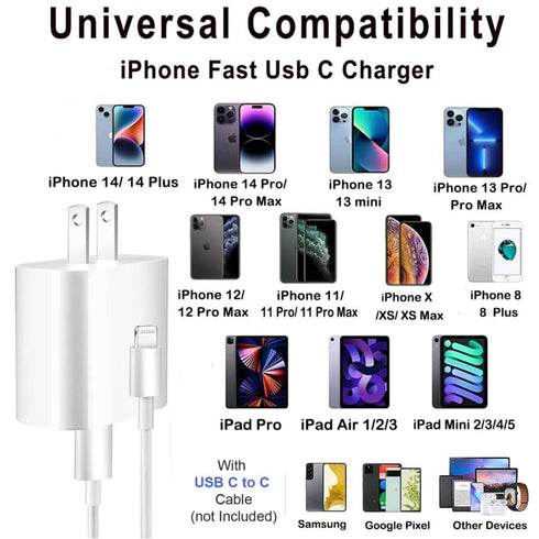20W MFi Certified USB C Fast Charger with 10FT Type-C to Lightning Cable, compatible with iPhone 14/13/12/11/Xs