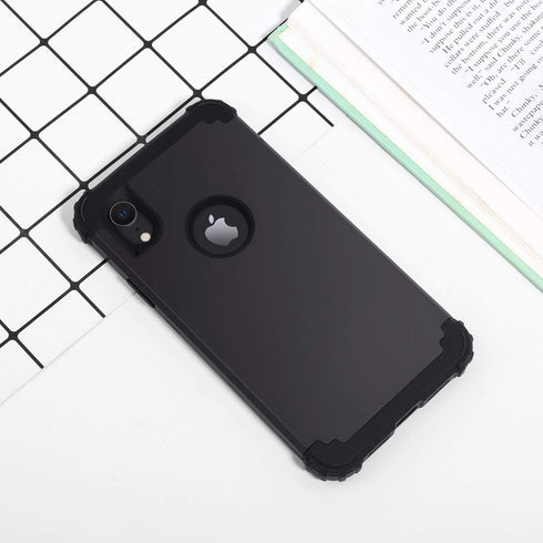IDweel iPhone XR Case with Tempered Glass Screen Protector, 3 in 1 Shockproof Slim Hybrid Heavy Duty Cover, Black