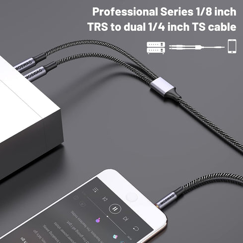 MOSWAG 3.5mm TRS to Double 6.35mm TS Mono Y-Cable, 6.6FT Splitter Cable Compatible with Phone, iPod, Laptop