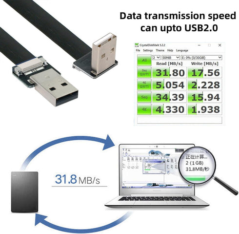 cablecc USB 2.0 Type-A Male to Male Data Flat Slim FPC Cable Down Angled 90 Degree for FPV, Disk, Scanner & Printer 20CM