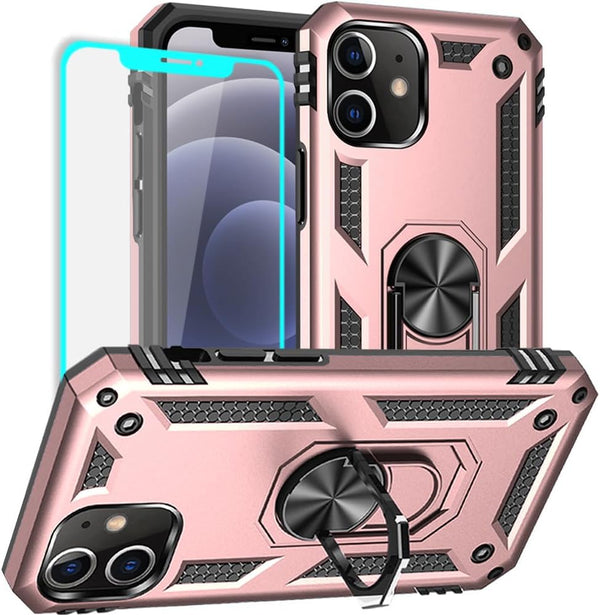 Yiakeng iPhone 12/12 Pro Case with Screen Protector, Military Grade Protective Case with Ring (Rose Gold)