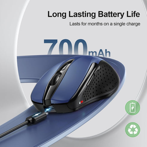 TECKNET Wireless Mouse (BT5.0/3.0 & 2.4G), Rechargeable 4800 DPI Silent Mouse with 8 Buttons, USB A Compatibility - Blue
