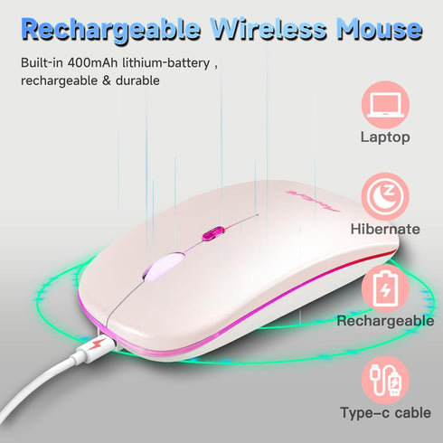 Wireless Bluetooth Mouse - Rechargeable USB Optical Mouse, LED Slim Dual Mode for Laptop, PC, Mac OS, Android (Pink)