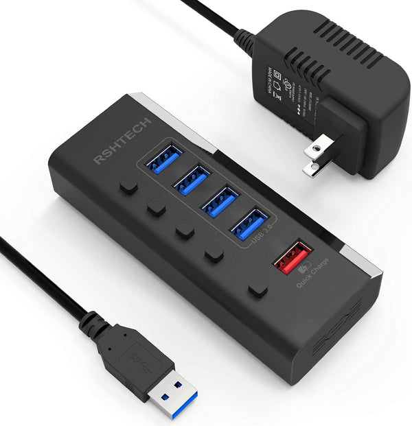 Powered USB Hub, RSHTECH USB 3 Hub with 4 USB 3.0 Data Ports + 1 Fast Charging Port, Individual On/Off Switches