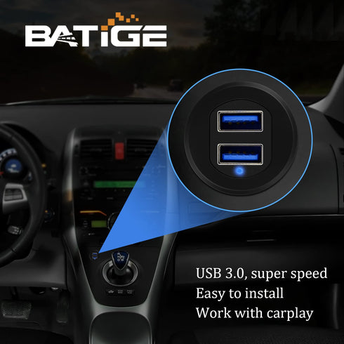 BATIGE Alloy Dual Port USB 3.0 Car Dashboard Flush Mount Cable, Male to Female with LED Indicator, 1ft